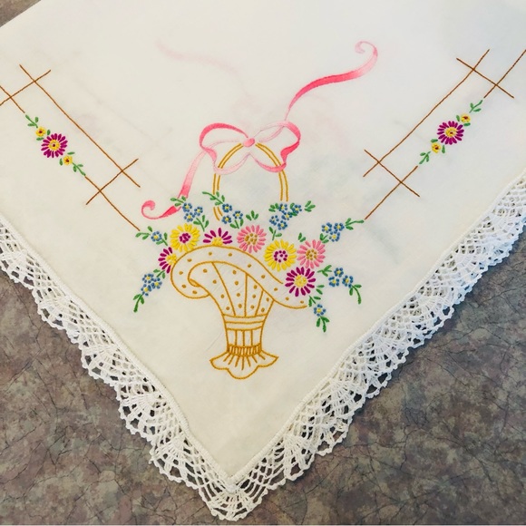 Embroidered Floral Baskets Table Cloth - 36 x 37.25 inches - Boho Home Decor - Picture 3 of 14